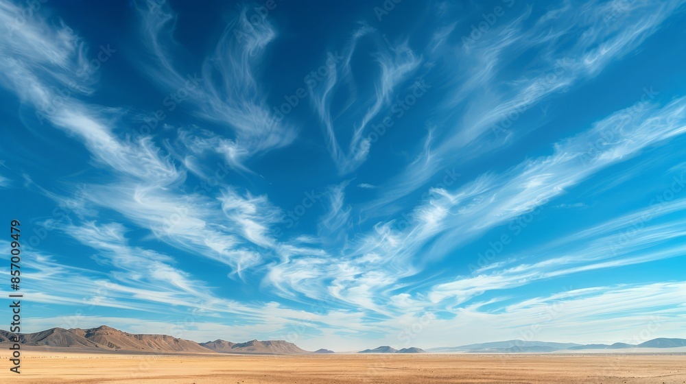 Fototapeta premium Imagine a vast desert landscape beneath an endless expanse of clear blue sky, with wisps of cirrus clouds adding a touch of texture and contrast to the stark beauty of the desert.