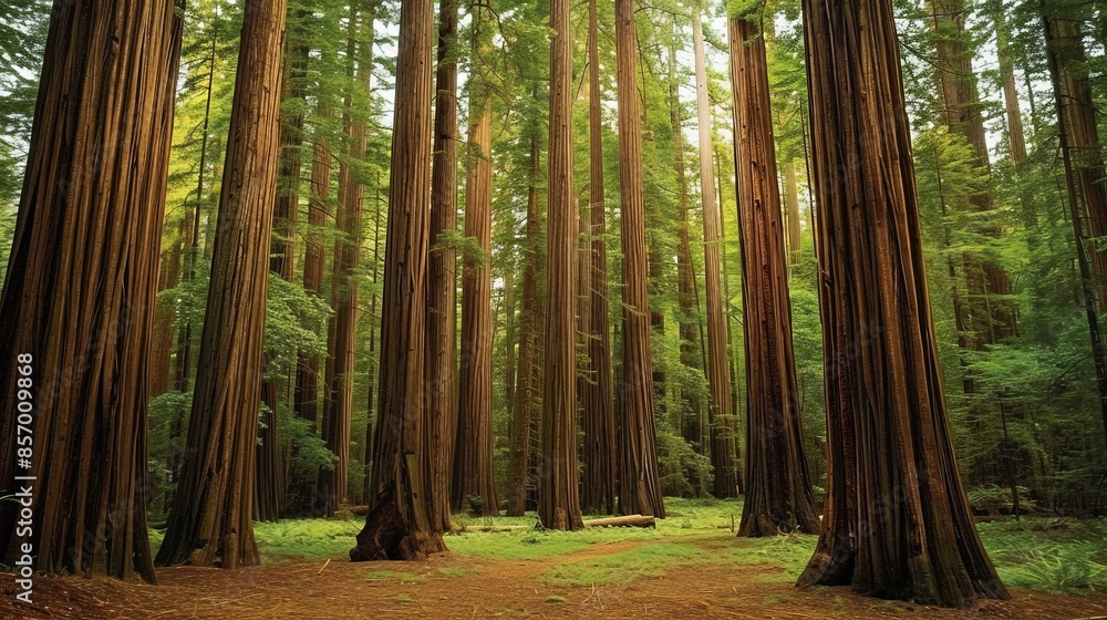 Obraz premium Imagine an ancient redwood forest. Picture the towering trees reaching up to the sky, their massive trunks and dense canopy creating a sense of awe and wonder as you walk among them.