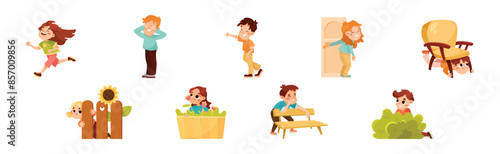 Kids Playing Hide and Seek Game Have Fun Vector Set