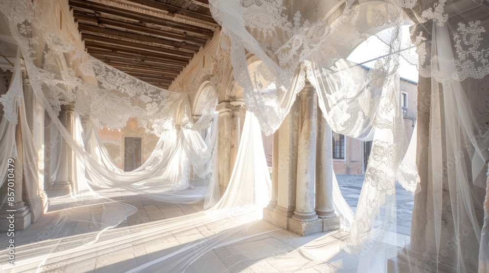 Delicate lace fabric adorns the walls and archways giving the city square a romantic and ethereal feel. Delicate lace fabric adorns the walls and archways giving the city square a romantic and ethereal feel.