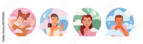 Dreaming People Characters with Their Heads in Clouds Having Fancy Imagination Vector Set