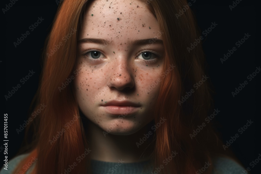 Portrait of a woman with freckles on body Close up of young woman looking at camera isolated on black background. Woman with mole spots or freckles all over her body Portrait of a woman with freckles on body Close up of young woman looking at camera isolated on black background. Woman with mole spots or freckles all over her body