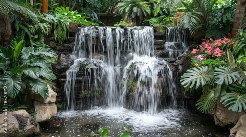 Picture a cascading waterfall surrounded by lush greenery and adorned with trailing vines and blooming orchids, creating a stunning and picturesque natural oasis.