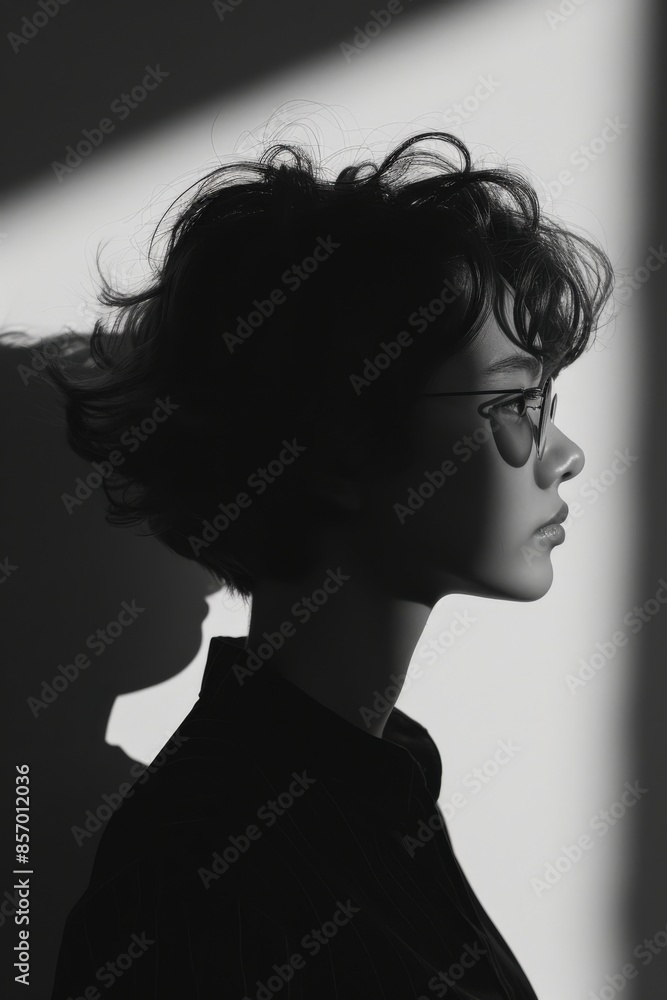 Black and white profile of a young person with short curly hair and glasses, captured in dramatic lighting and shadow. Black and white profile of a young person with short curly hair and glasses, captured in dramatic lighting and shadow.