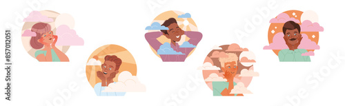 Dreaming People Characters with Their Heads in Clouds Having Fancy Imagination Vector Set