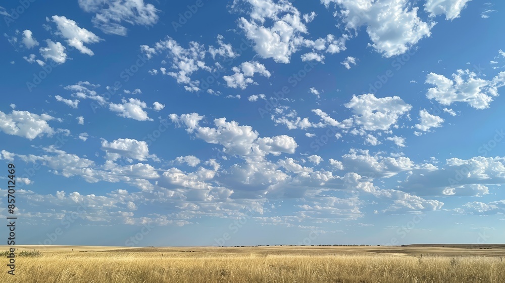 Picture a peaceful prairie landscape beneath an endless expanse of blue sky, with scattered cumulus clouds casting shadows on the golden fields below and adding drama to the horizon. Picture a peaceful prairie landscape beneath an endless expanse of blue sky, with scattered cumulus clouds casting shadows on the golden fields below and adding drama to the horizon.