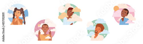 Dreaming People Characters with Their Heads in Clouds Having Fancy Imagination Vector Set