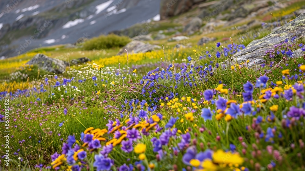 Obraz premium Picture a serene alpine meadow blanketed in colorful alpine flowers, their tiny blooms dotting the landscape with hues of purple, yellow, and blue, creating a vibrant and picturesque scene.