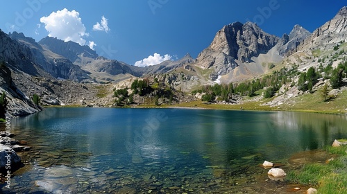 Picture a serene alpine lake nestled among towering peaks, its pristine waters reflecting the surrounding mountains and providing a peaceful haven for wildlife and adventurers alike. photo