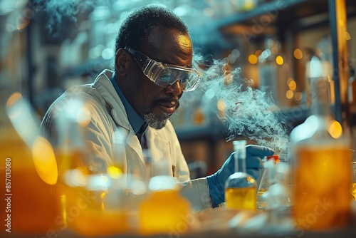 In the laboratory, a scientist is carefully conducting an experiment with smokey beakers