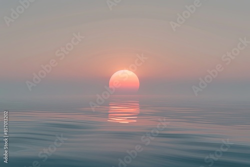 Fototapeta Naklejka Na Ścianę i Meble -  A stunning image of a minimalist sunset over the ocean, with the sun dipping below the horizon, creating a soft, hazy glow. Generative AI