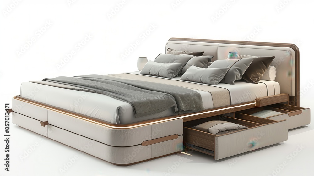 A modern storage bed with built-in drawers, isolated on a white background, functional design, high-resolution, studio lighting A modern storage bed with built-in drawers, isolated on a white background, functional design, high-resolution, studio lighting