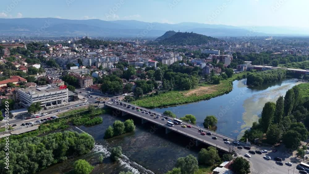 Plovdiv Maritsa river top view drone panorama video Plovdiv Maritsa river top view drone panorama video