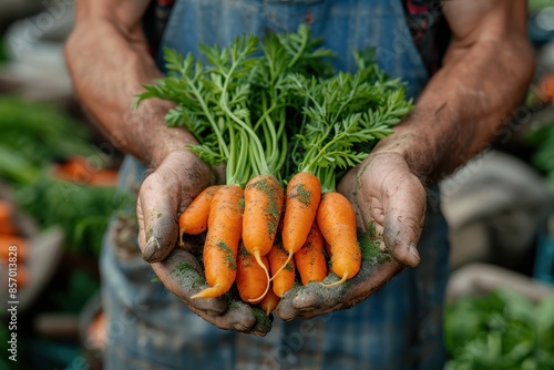 A farmer's hands holding a bunch of freshly picked carrots, with green tops still attached. 