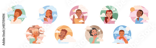 Dreaming People Characters with Their Heads in Clouds Having Fancy Imagination Vector Set