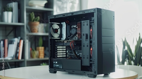 Back side of midi tower computer case on white table