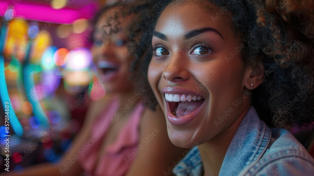 An exhilarated young woman with curly hair is enjoying her time playing casino games with friends, her face lit up with excitement amidst the colorful casino lights. An exhilarated young woman with curly hair is enjoying her time playing casino games with friends, her face lit up with excitement amidst the colorful casino lights.