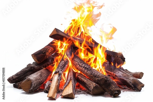 A blazing bonfire with intense heat, isolated on a white background, rich details, high-definition, sharp focus photo