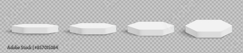 White matte hexagon podium, winner platform or product display from different angles. White stage, exhibition stand isolated on transparent background, 3d vector. 3D Illustration
