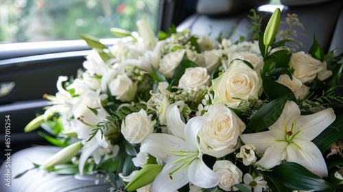 Funeral flowers white roses and lilies inside a hearse at a funeral photo