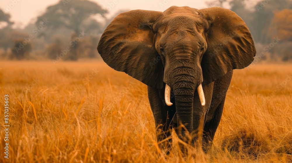 Obraz premium Picture a wise old elephant leading its herd through the savannah. Imagine its majestic presence and gentle demeanor, symbolizing strength, loyalty, and familial bonds in the animal kingdom.
