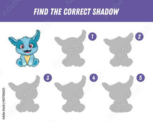 Find correct shadow of cute blue monster. Educational logical game for kids. Halloween game. Cartoon monster. Vector
