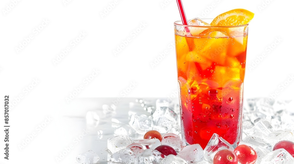 Refreshing Fruit Punch Drink with Ice Cubes and Straw on White Background Refreshing Fruit Punch Drink with Ice Cubes and Straw on White Background