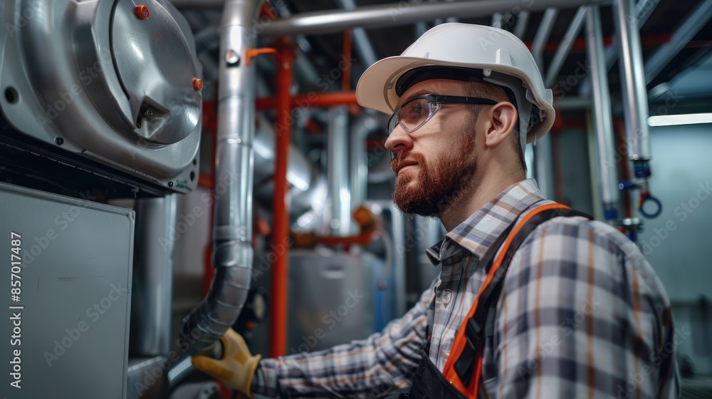 Thorough inspection of basement furnace by HVAC technician, focusing on performance and safety. HVAC service technician. Copyspace Thorough inspection of basement furnace by HVAC technician, focusing on performance and safety. HVAC service technician. Copyspace