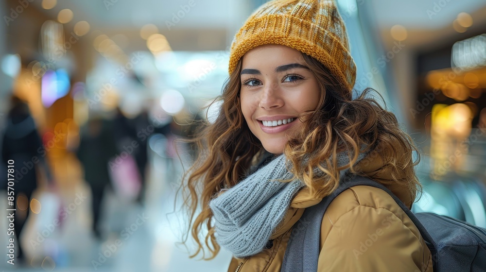 A cheerful young woman in a yellow hat and scarf smiles warmly in the lively ambiance of a shopping mall, capturing the spirit of modern urban fashion. A cheerful young woman in a yellow hat and scarf smiles warmly in the lively ambiance of a shopping mall, capturing the spirit of modern urban fashion.