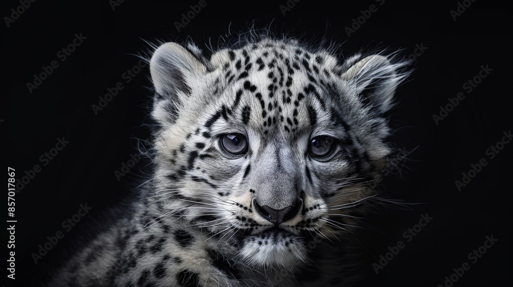 Naklejka premium The portrait of the snow leopard cub serves as a poignant reminder of the urgent need for conservation efforts to protect this iconic species and ensure its survival for generations to come.