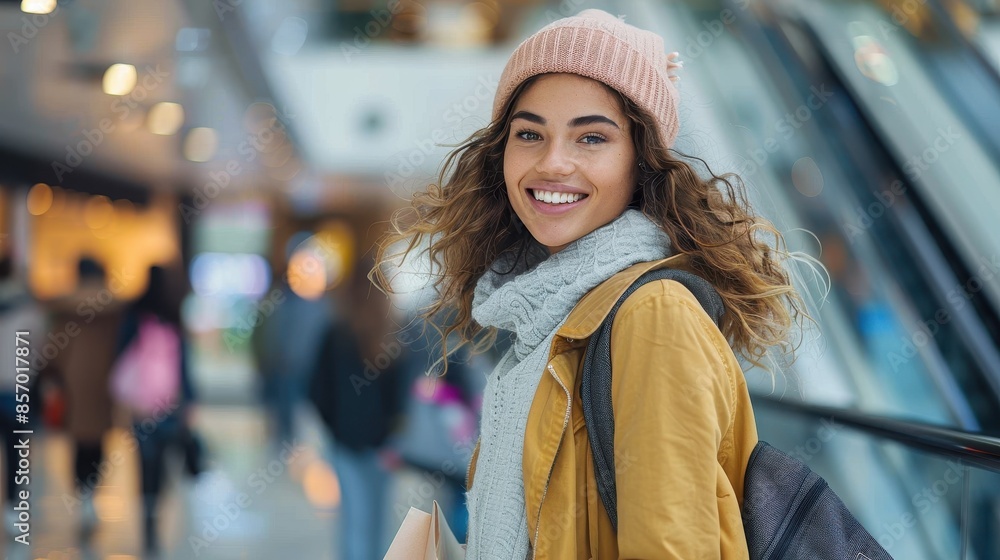 A young woman with a big smile in a shopping mall, dressed in a cozy winter outfit, including a knitted hat and scarf, embodies the comfort of modern winter fashion. A young woman with a big smile in a shopping mall, dressed in a cozy winter outfit, including a knitted hat and scarf, embodies the comfort of modern winter fashion.