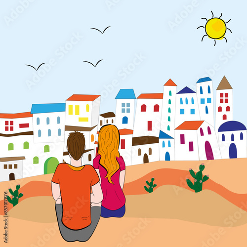 Pareja sentada en una duna observando el pueblo.