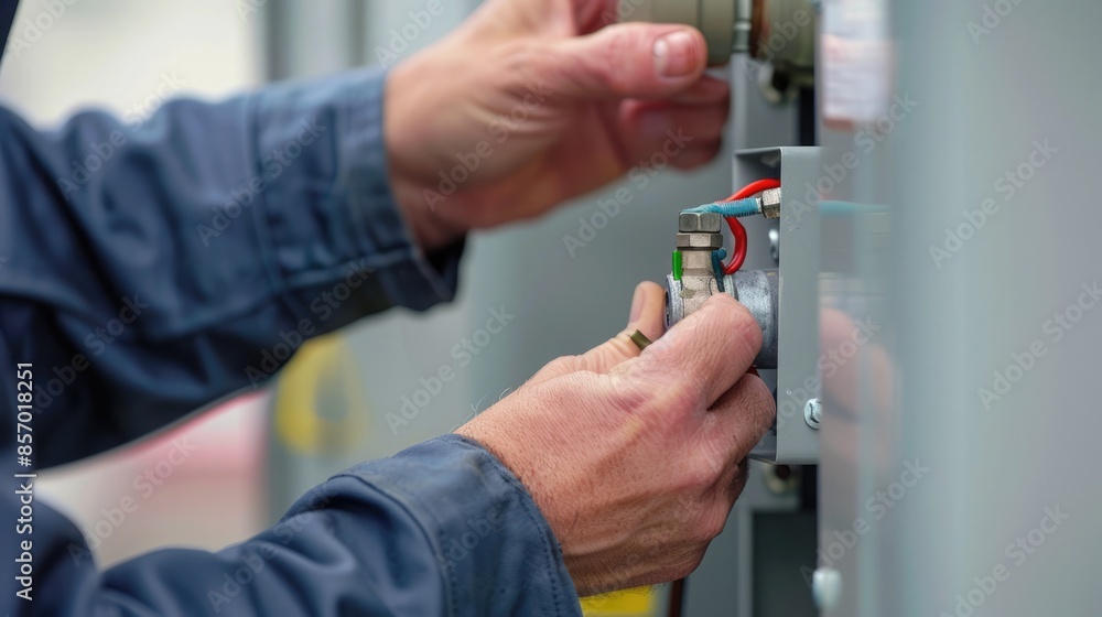 Technician's hands tightening bolts on HVAC unit for optimal functionality and long-term reliability. HVAC service technician. Copyspace Technician's hands tightening bolts on HVAC unit for optimal functionality and long-term reliability. HVAC service technician. Copyspace