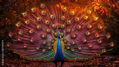 Visualize a colorful peacock displaying its vibrant plumage. Picture its iridescent feathers fanned out in a majestic display, captivating observers with its beauty and elegance.