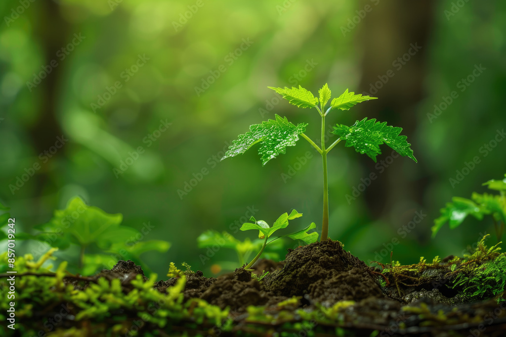 Close up Young plant growing over green background Close up Young plant growing over green background