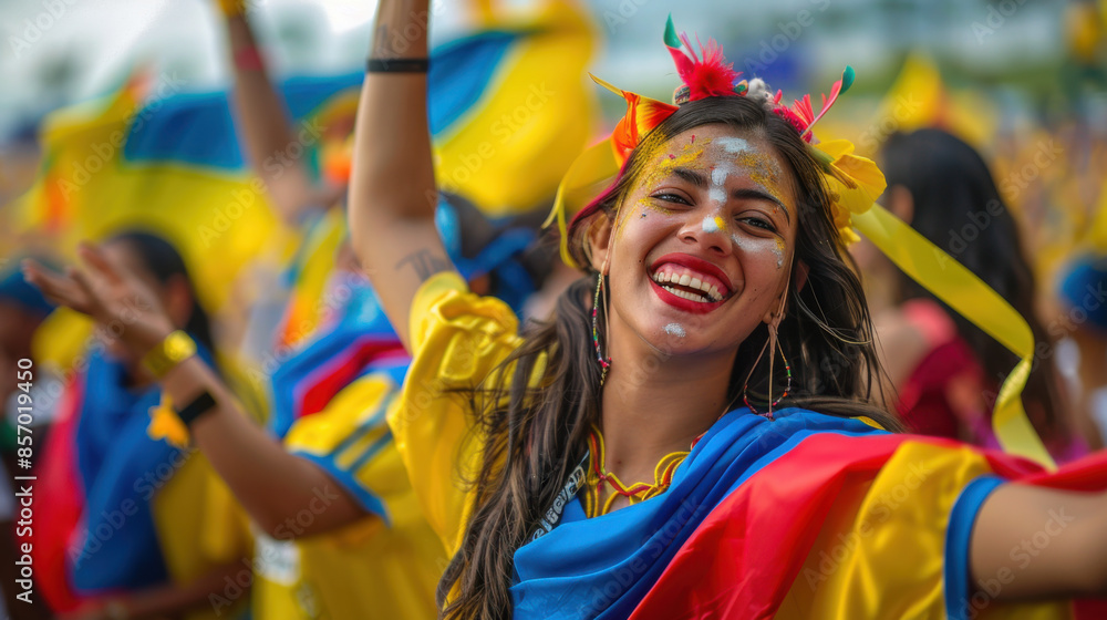 A woman with face paint and colorful attire celebrates at an outdoor festival, capturing the joy and festive atmosphere. A woman with face paint and colorful attire celebrates at an outdoor festival, capturing the joy and festive atmosphere.