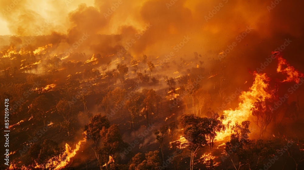 Visualize a dramatic wildfire spreading through a dense forest. Picture the intense, orange flames consuming trees and vegetation, with thick smoke billowing into the sky Visualize a dramatic wildfire spreading through a dense forest. Picture the intense, orange flames consuming trees and vegetation, with thick smoke billowing into the sky