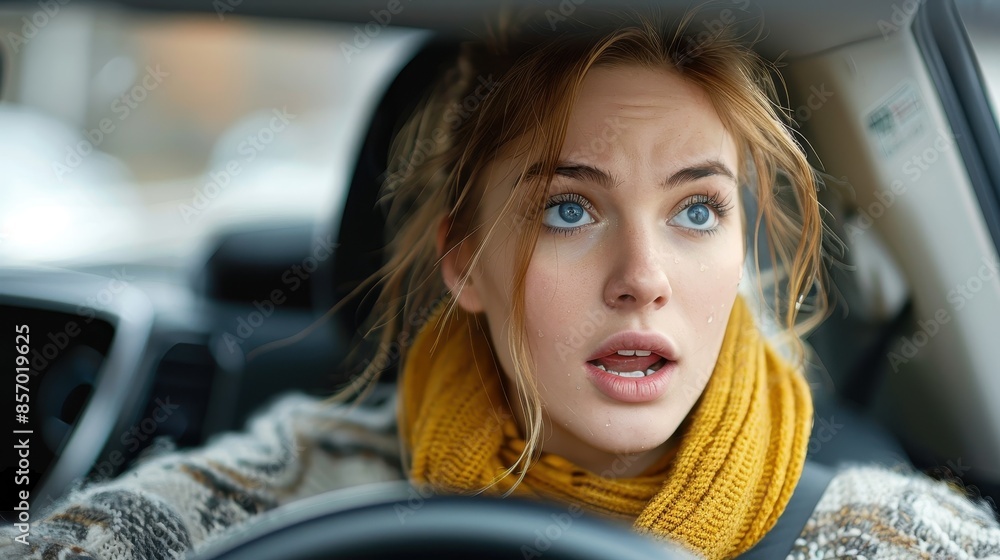 Young woman in a car, wearing a yellow scarf, appears distressed and anxious, with focus on her facial expression and the steering wheel inside the vehicle interior. Young woman in a car, wearing a yellow scarf, appears distressed and anxious, with focus on her facial expression and the steering wheel inside the vehicle interior.