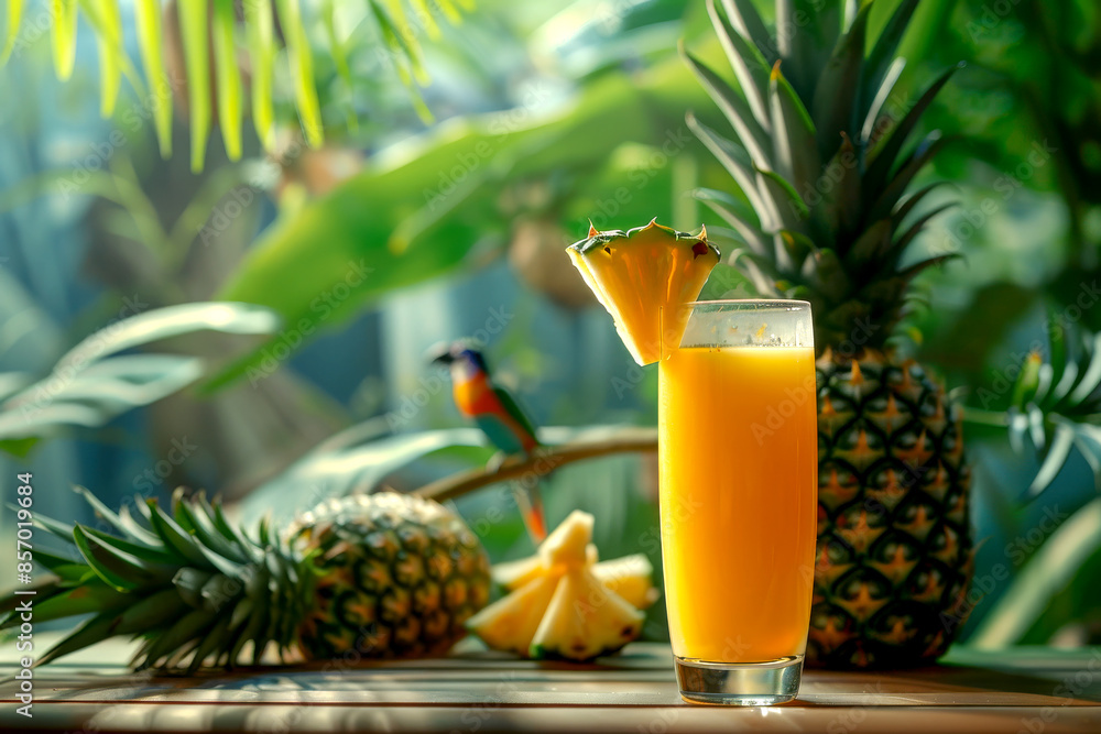 Refreshing Pineapple Juice with Tropical Background Refreshing Pineapple Juice with Tropical Background