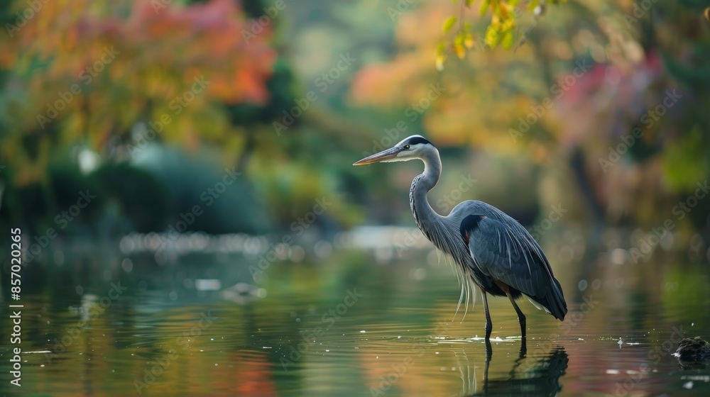 Naklejka premium Visualize a majestic heron standing gracefully in a tranquil pond. Picture its long, slender legs and elegant neck as it patiently waits for prey, embodying patience and grace in the natural world.