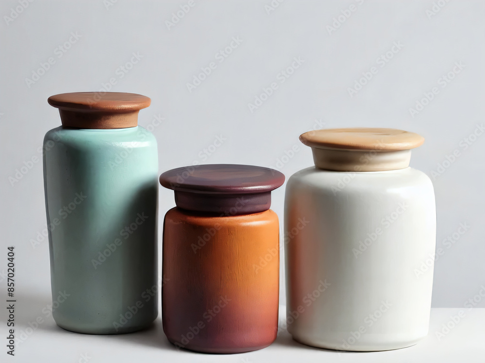 some ceramic pots with distinct glazes and shapes, set against a neutral background. The colors range from purple to speckled blue some ceramic pots with distinct glazes and shapes, set against a neutral background. The colors range from purple to speckled blue