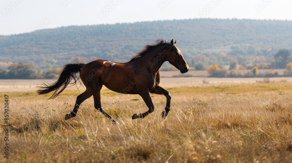 Fototapeta premium Visualize a majestic horse galloping across an open field. Picture its powerful muscles rippling beneath its coat as it runs free, embodying grace, strength, and freedom in motion.
