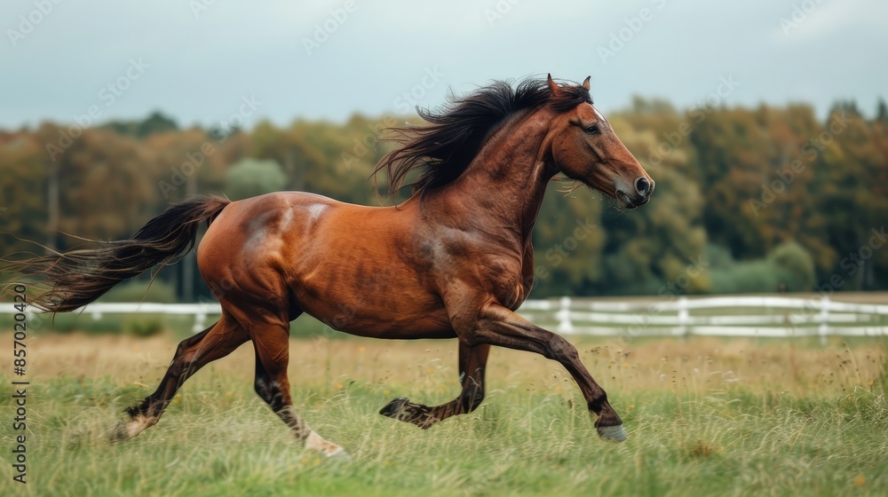 Fototapeta premium Visualize a majestic horse galloping across an open field. Picture its powerful muscles rippling beneath its coat as it runs free, embodying grace, strength, and freedom in motion.