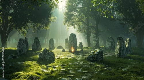 Visualize a mystical scene in an enchanted forest. Picture a circle of ancient stones with a magical fire burning at the center, casting an ethereal glow and creating an atmosphere of wonder  © peerawat