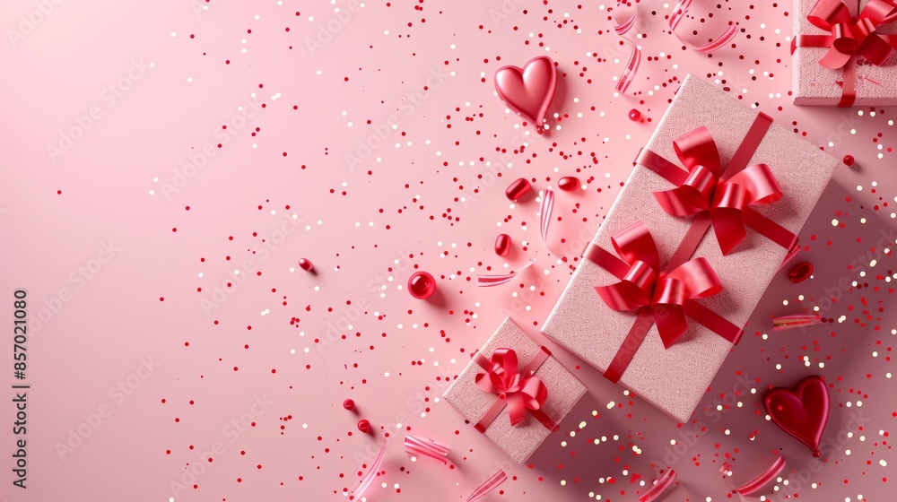 Pink background with white gift boxes, red ribbon bows and confetti. Perfect for Valentine's Day, birthday, or special occasion. Pink background with white gift boxes, red ribbon bows and confetti. Perfect for Valentine's Day, birthday, or special occasion.