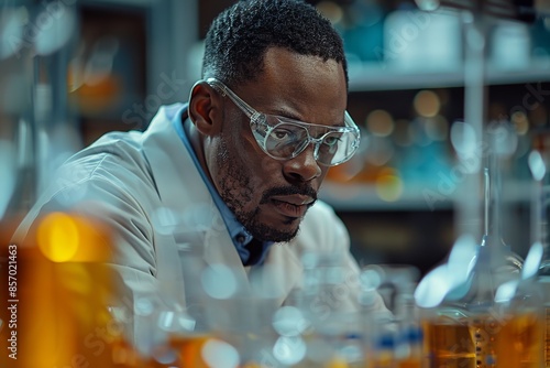 The focused scientist is conducting research in a laboratory with various chemical samples photo