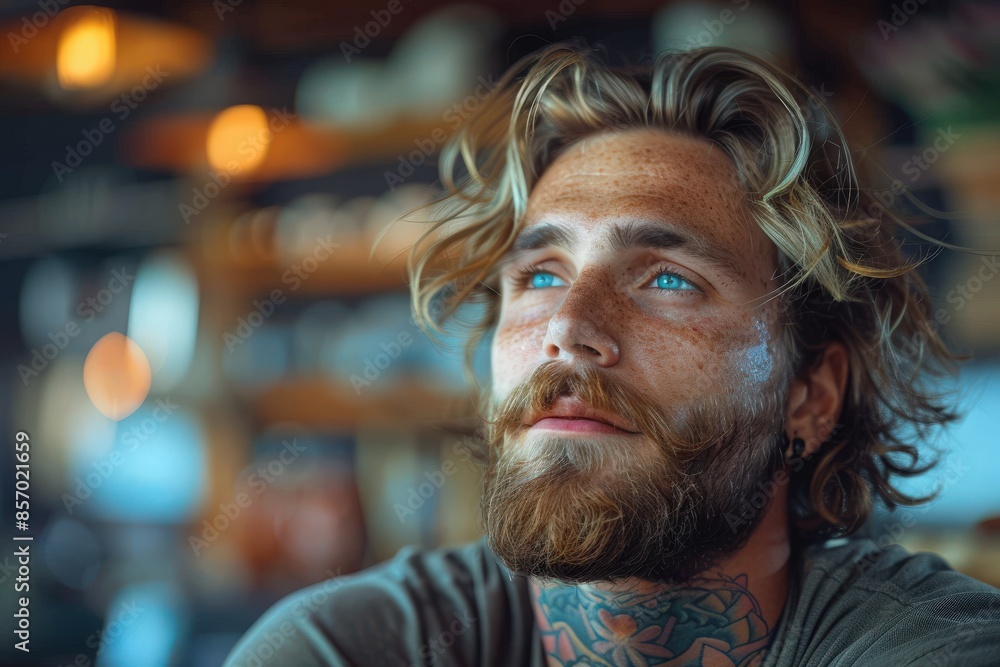 A portrait of a bearded man with tattoos, wistfully looking away with a contemplative expression A portrait of a bearded man with tattoos, wistfully looking away with a contemplative expression