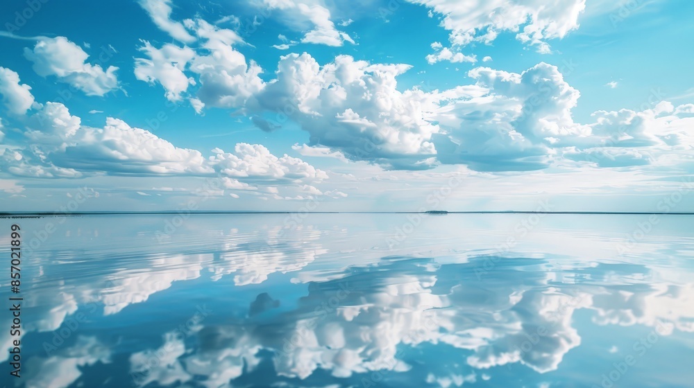 Visualize a serene lake reflecting the sky above, with fluffy cumulus clouds mirrored in its calm waters, creating a stunning and surreal vista of sky and water merging as one. Visualize a serene lake reflecting the sky above, with fluffy cumulus clouds mirrored in its calm waters, creating a stunning and surreal vista of sky and water merging as one.