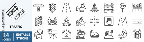 Traffic web line icons. Road icon set. Containing street, highway, parking, route, GPS, drive, crosswalk, intersection and roundabout symbol.
