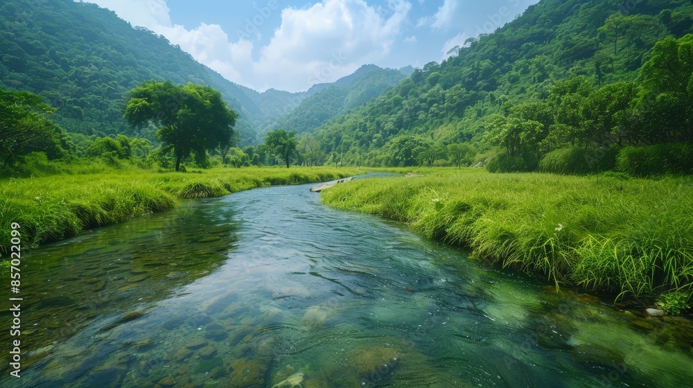Visualize a serene river winding its way through a lush valley, its clear waters teeming with life and reflecting the verdant beauty of the surrounding landscape. Visualize a serene river winding its way through a lush valley, its clear waters teeming with life and reflecting the verdant beauty of the surrounding landscape.